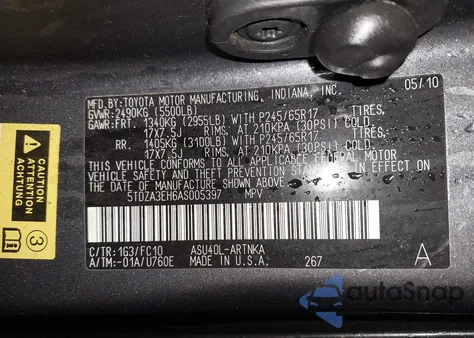 2010 Toyota Highlander z USA, uszkodzony, nr VIN 5TDZA3EH6AS005397
